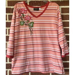 Bob Mackie Coral Striped Embroidered Knit Top Size Large